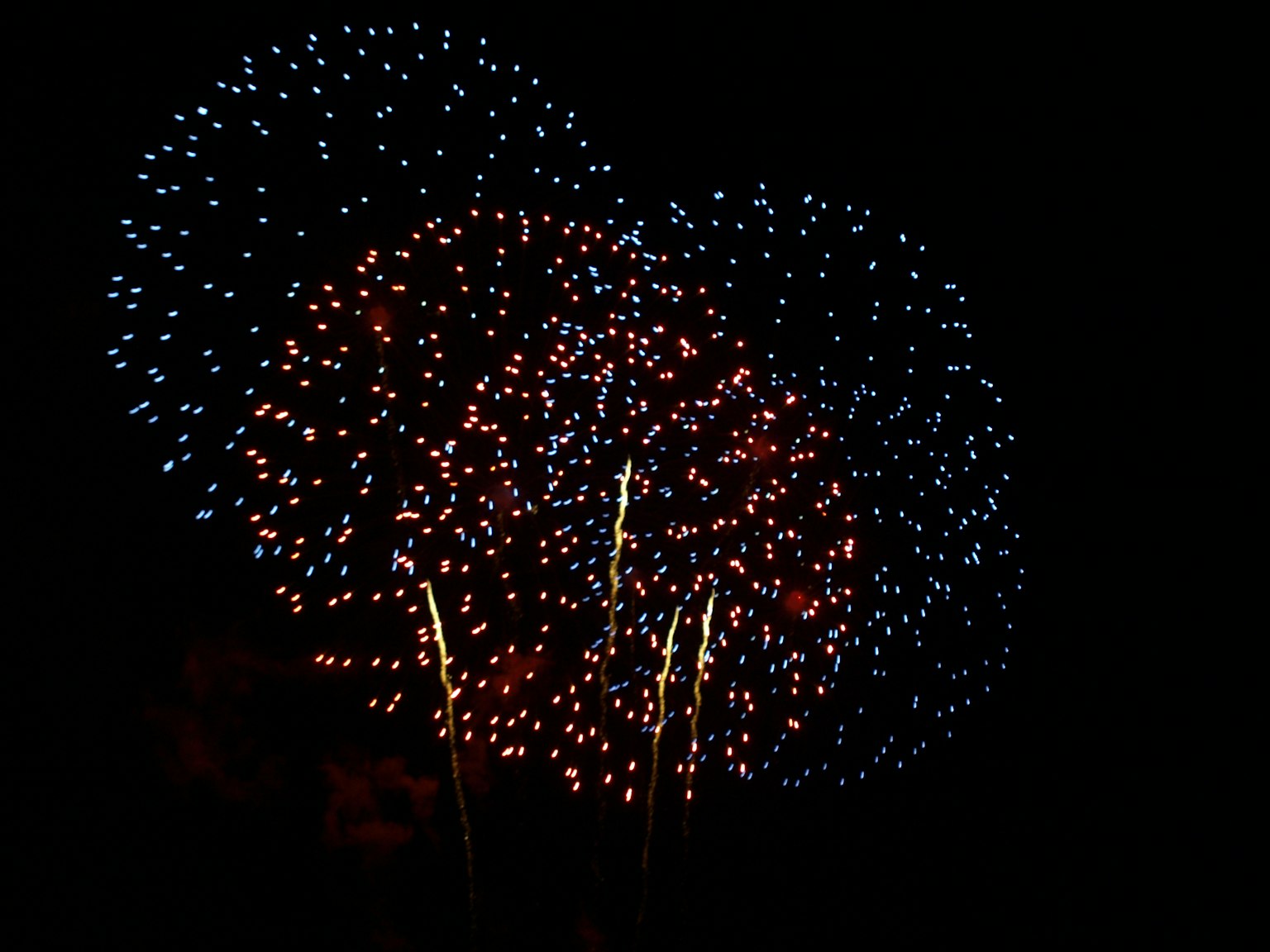 Espectáculo de fuegos artificiales coloridos en el cielo nocturno con chispas rojas y azules