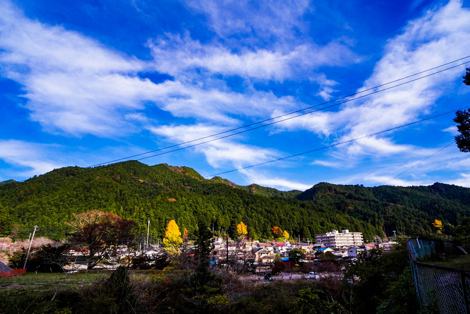 蓝天和云朵下的山村风景