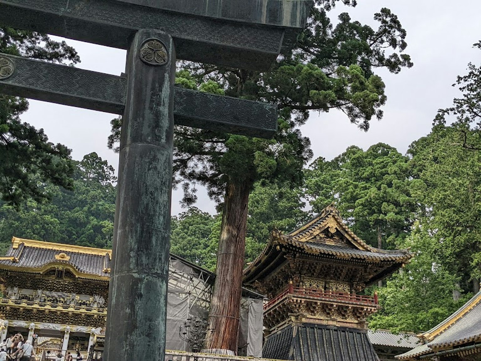 Una gran puerta torii con edificios históricos al fondo