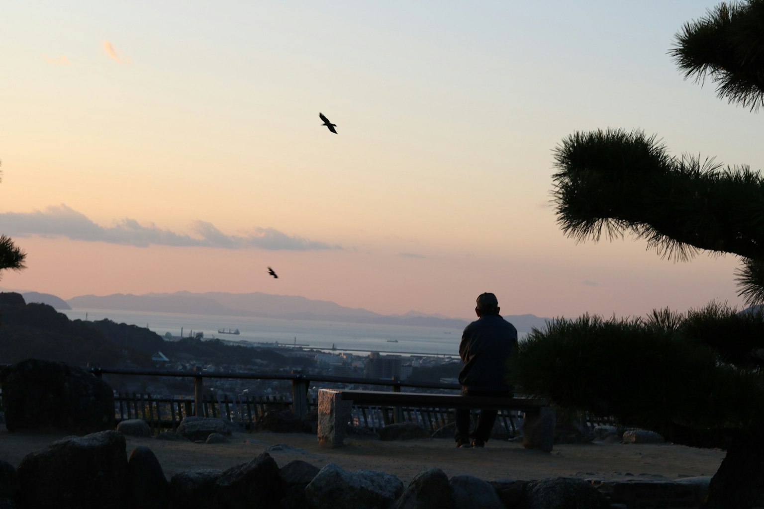 Un homme assis sur un banc avec une vue sur le coucher de soleil