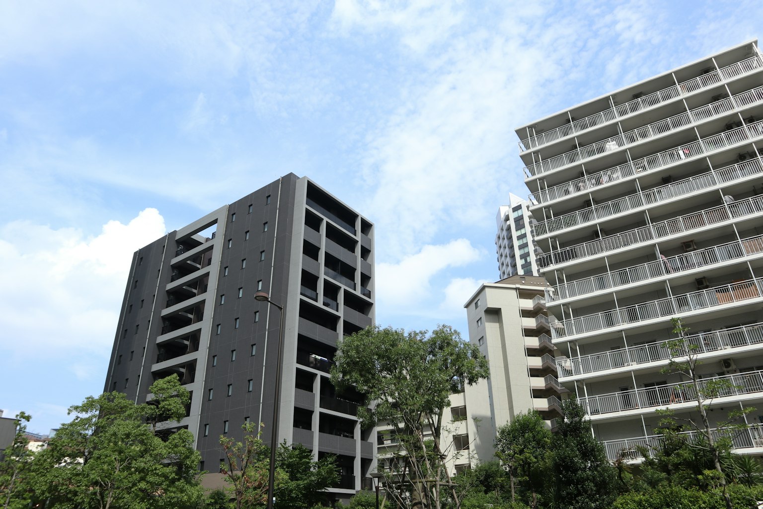 一座黑色建筑和一座白色高层公寓在蓝天之下