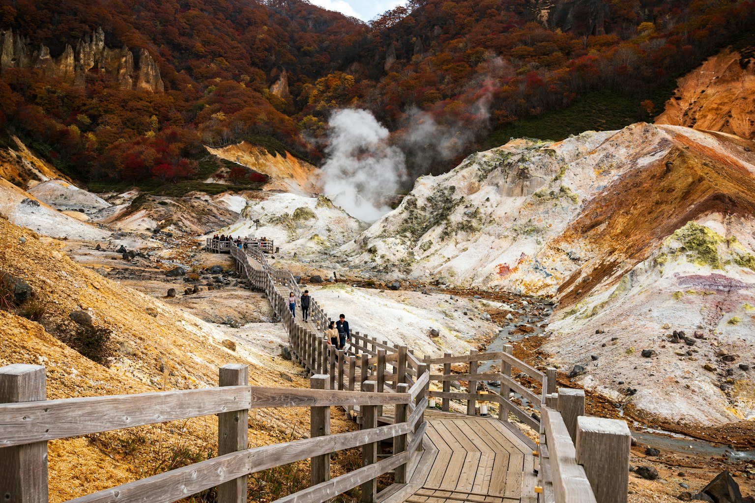 溫泉區的風景，有木棧道和冒出的蒸汽