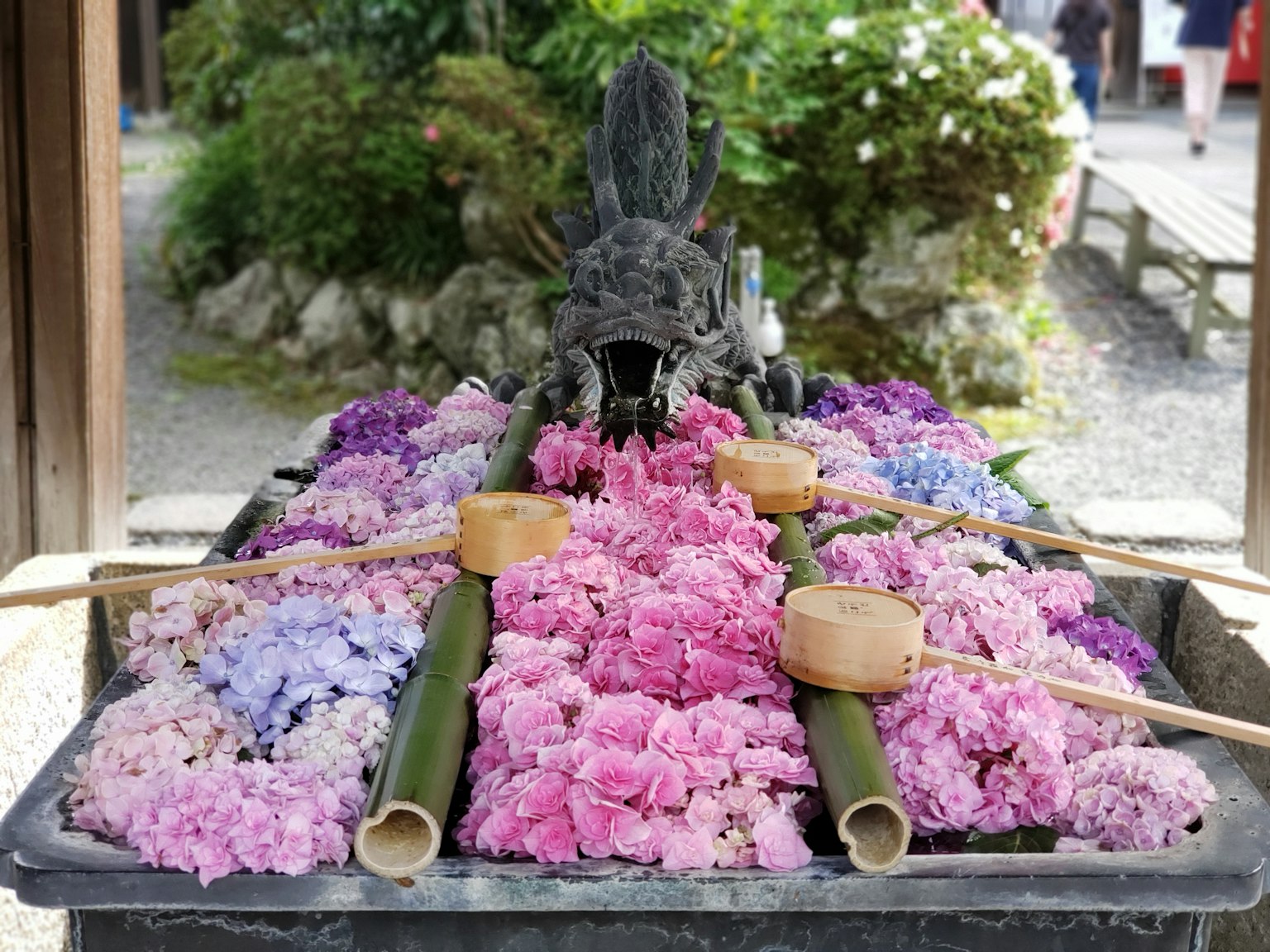A beautiful scene of a water basin adorned with colorful flowers featuring a dragon sculpture and bamboo ladles