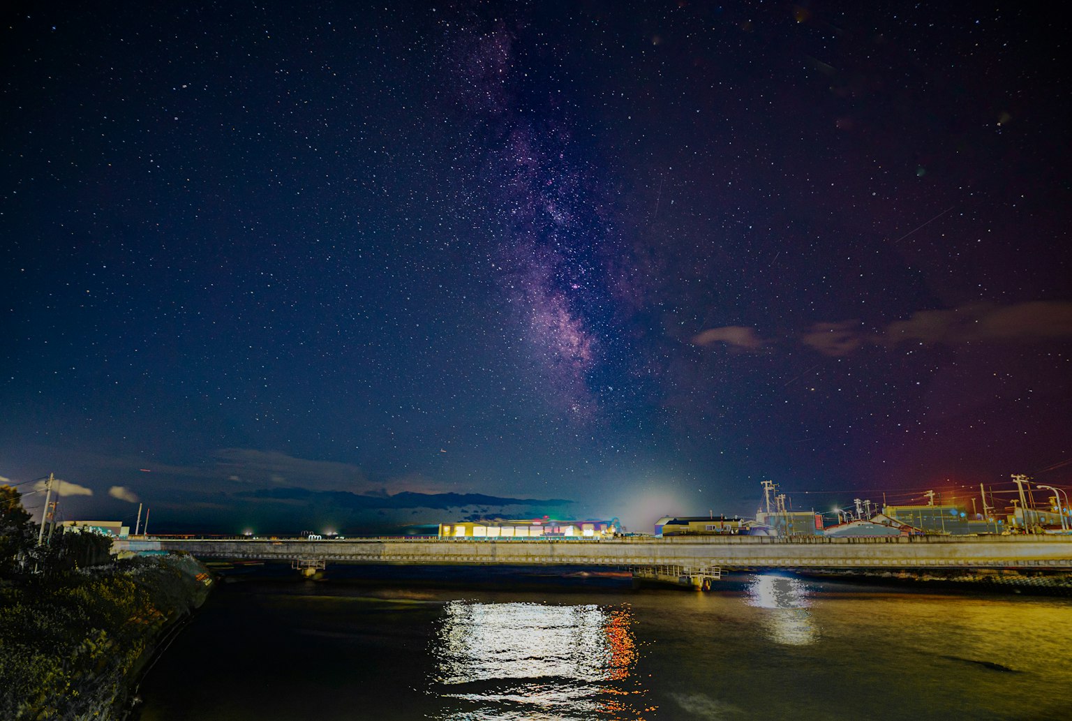 河流和桥梁在星空下的美丽景观，银河系可见
