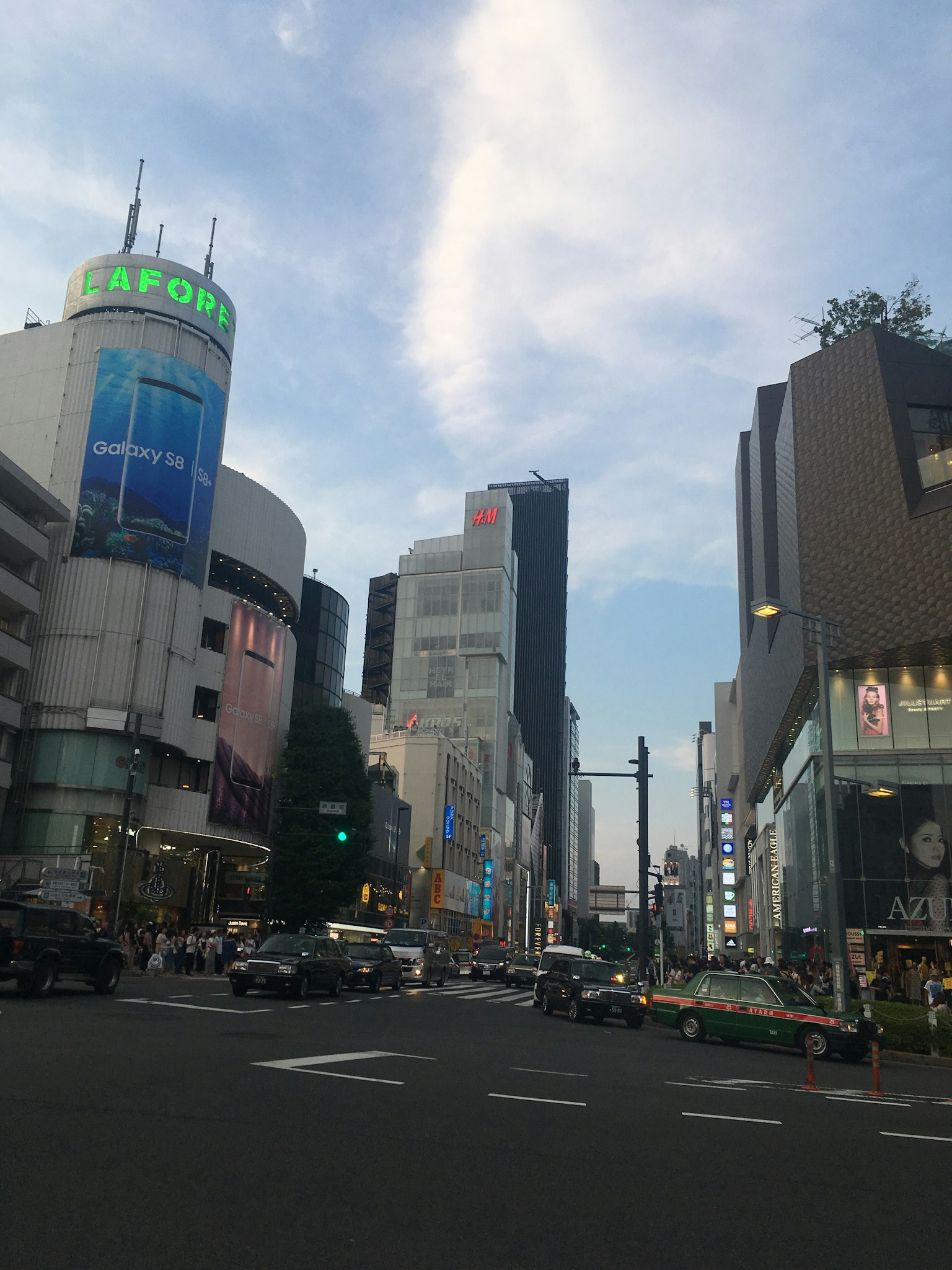 Urban landscape featuring tall buildings and a blue sky