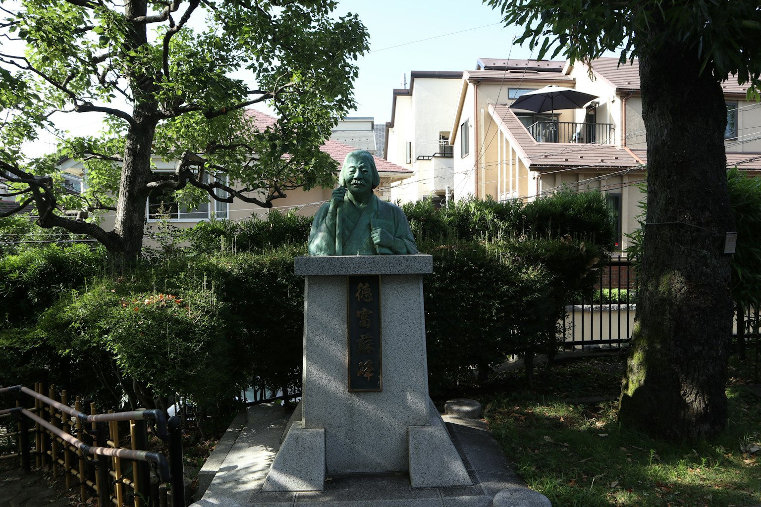 A bronze statue stands in a park with houses visible in the background