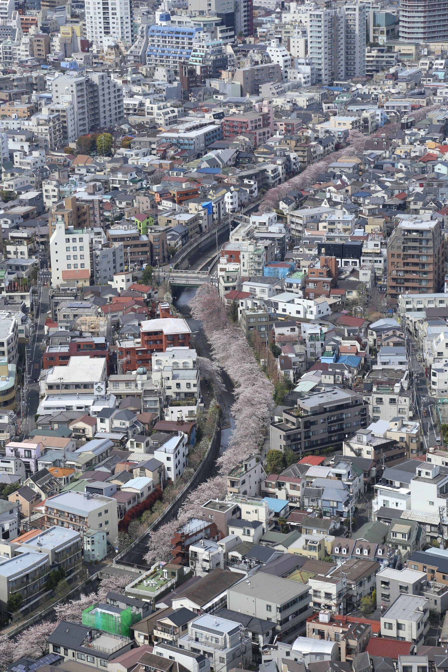 Vista aerea di un paesaggio urbano con numerose case e edifici lungo un fiume