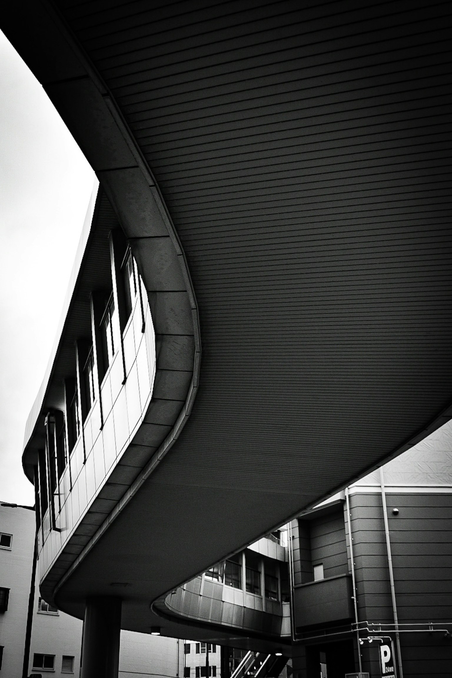 Photo en noir et blanc présentant un toit courbé et une partie d'un bâtiment moderne