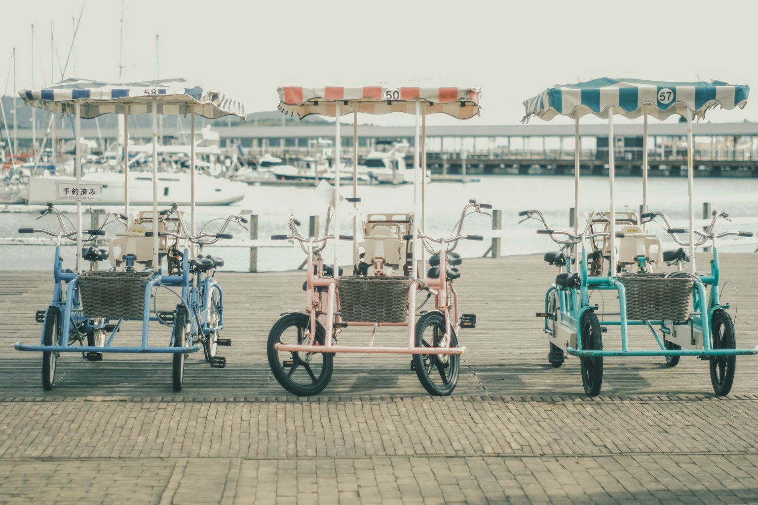 Bunte Fahrradrickschas am Meer aufgereiht