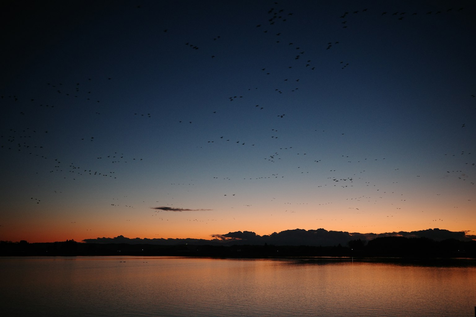 Lago tranquilo reflejando un cielo de atardecer y nubes