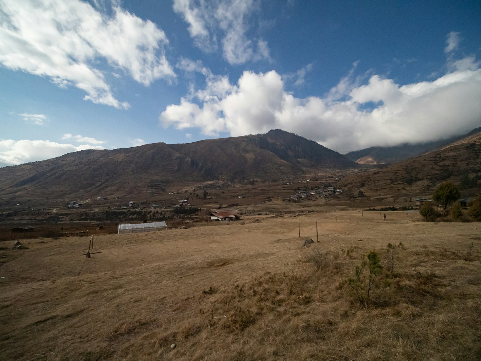 廣闊的草原和背景中的山藍天和白雲