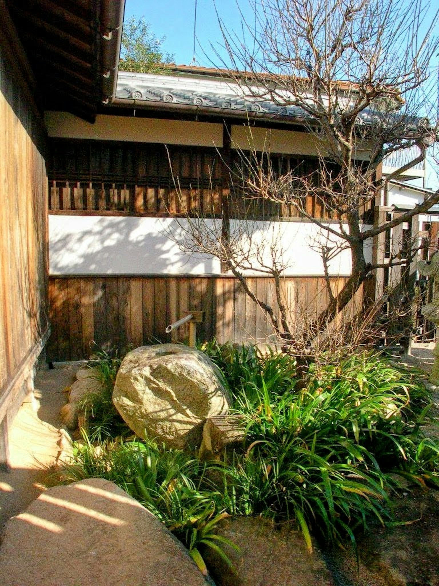 Giardino giapponese tradizionale con edificio in legno e muro bianco con una pietra rotonda e piante verdi