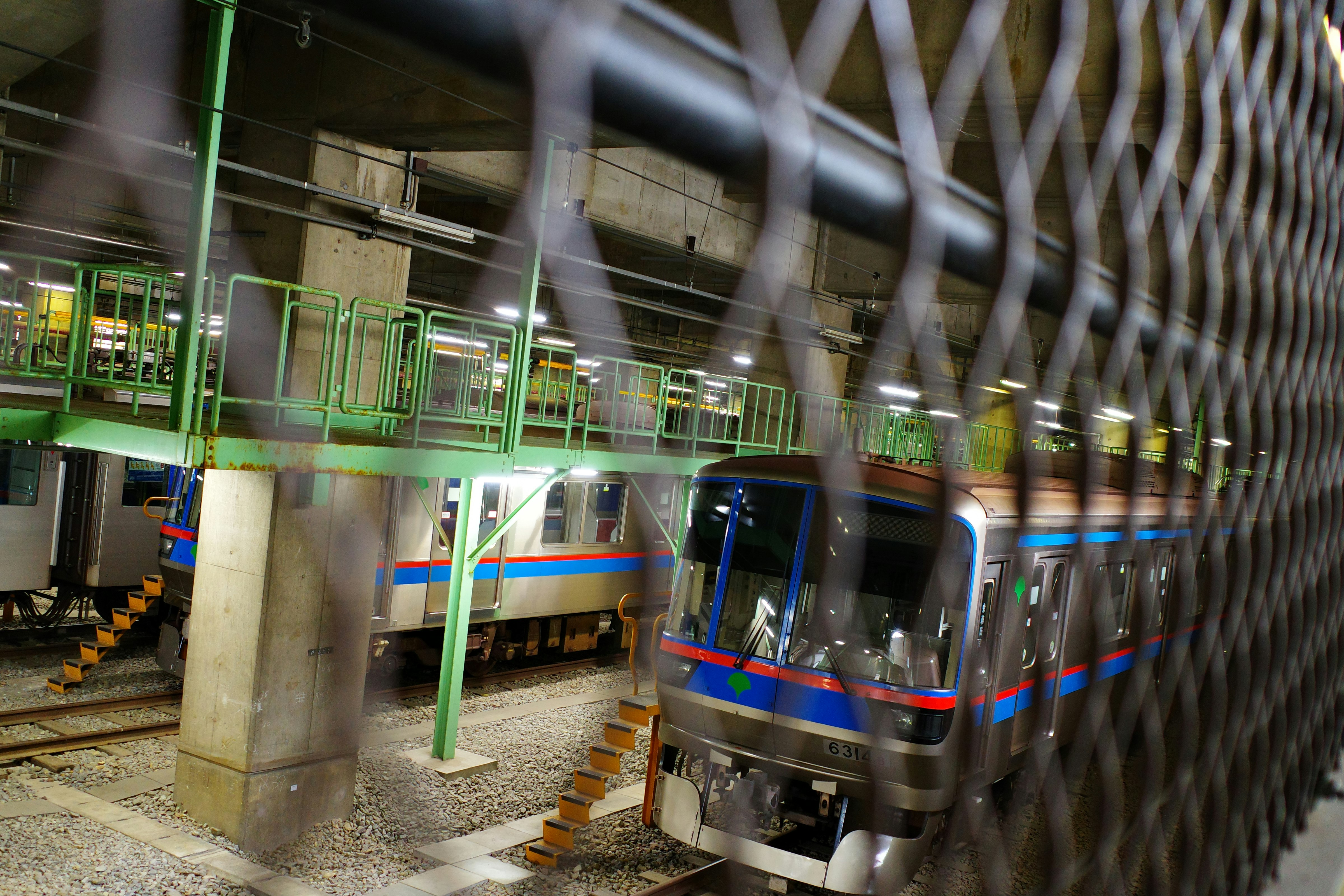 夜の高架駅で並ぶ電車とホームの照明
