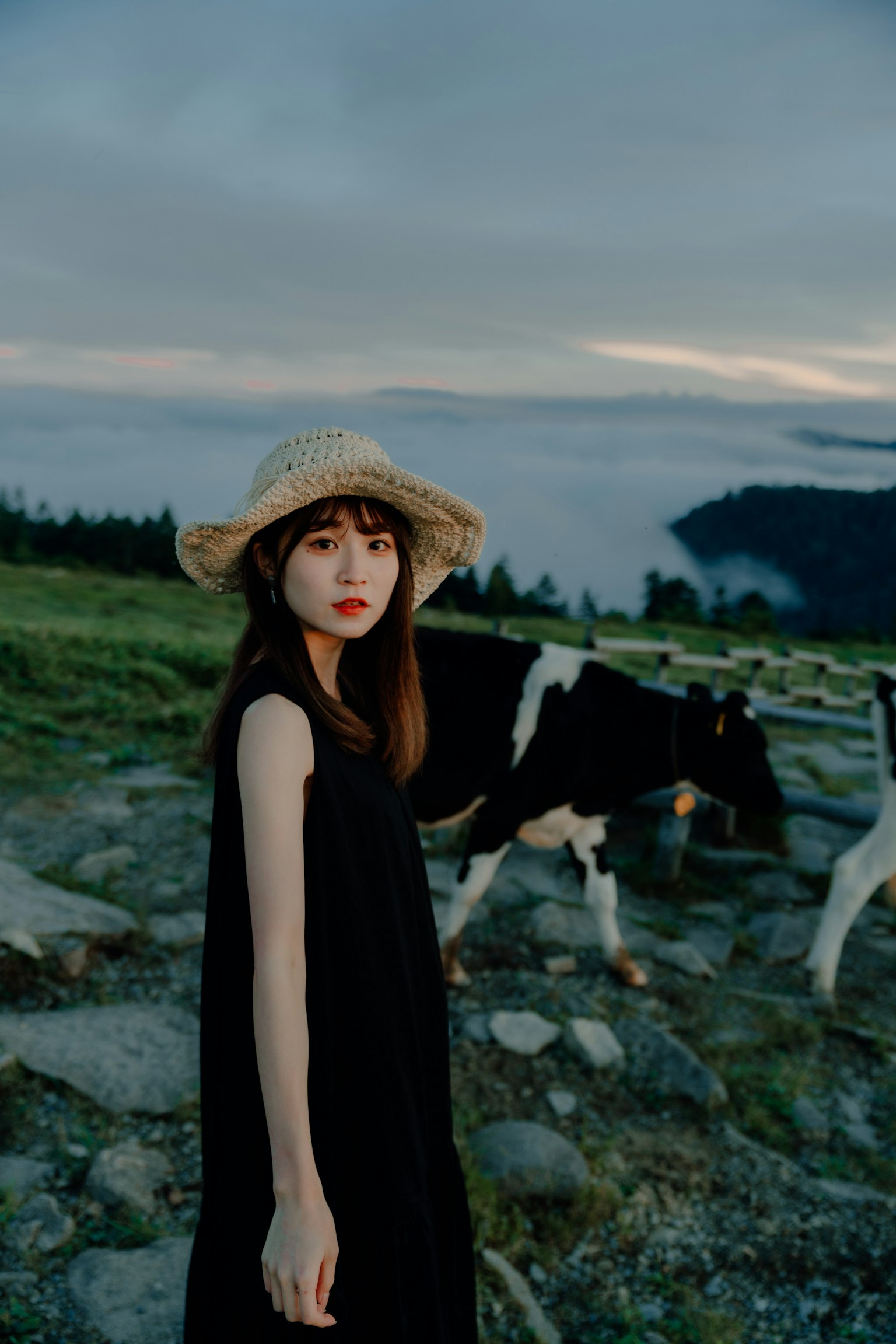 Una mujer con un vestido negro y un sombrero de paja está de pie cerca de vacas en un hermoso paisaje