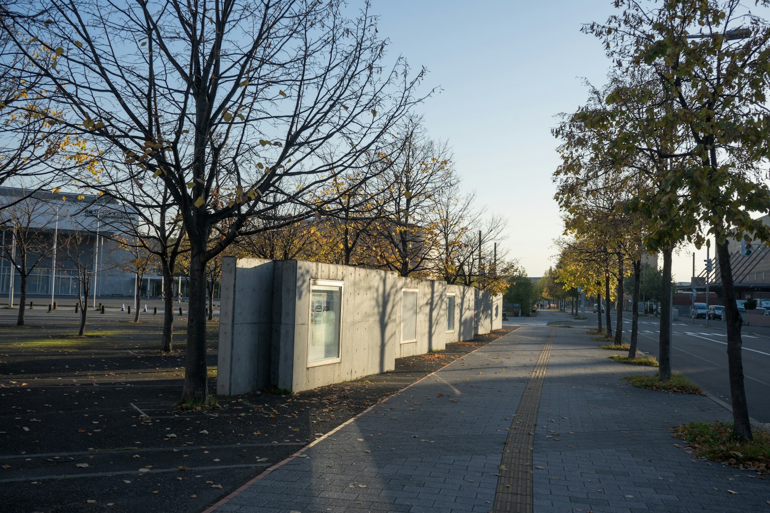 Amplia acera con árboles edificios modernos y estructuras de diseño simple