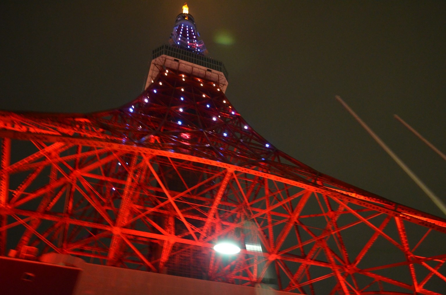 东京塔的醒目红色结构和蓝色照明的夜景