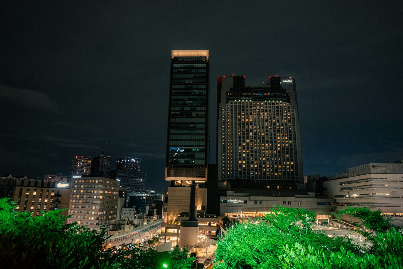 夜間城市景觀，摩天大樓與綠色植被
