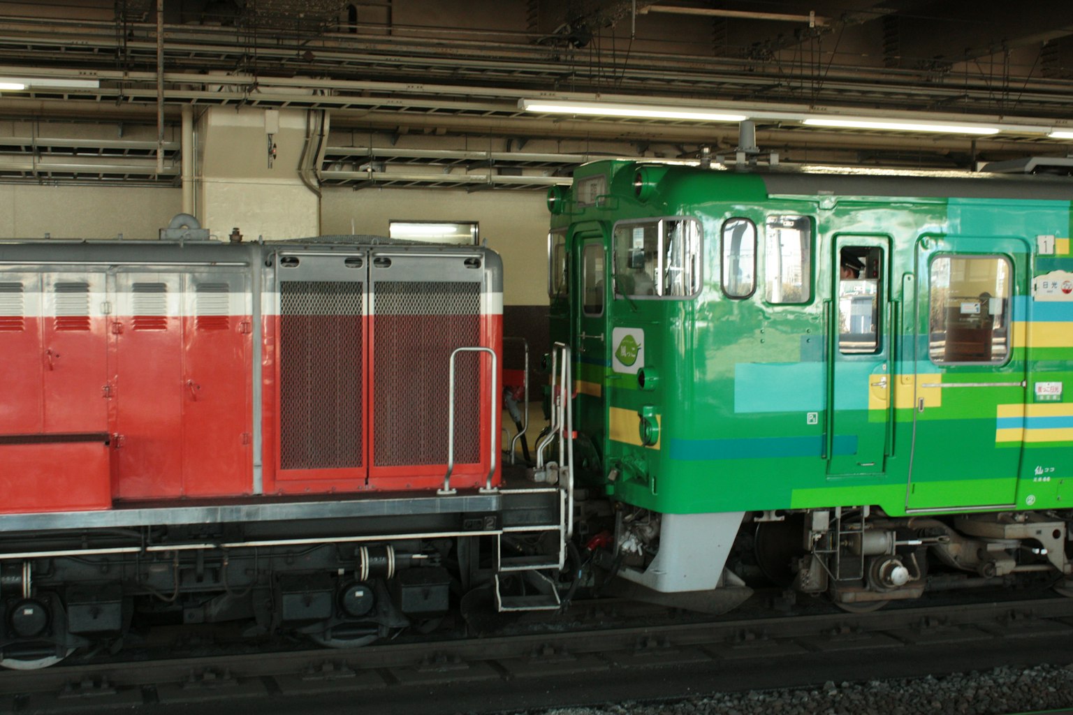 Trenes rojo y verde uno al lado del otro en el interior de una estación