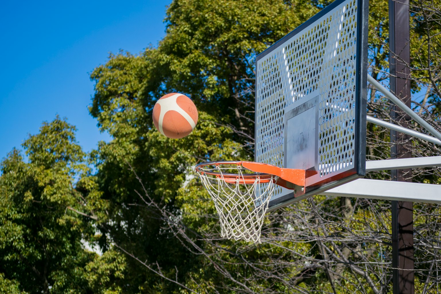 Bola basket terbang menuju keranjang di bawah langit biru cerah dengan pohon hijau di latar belakang