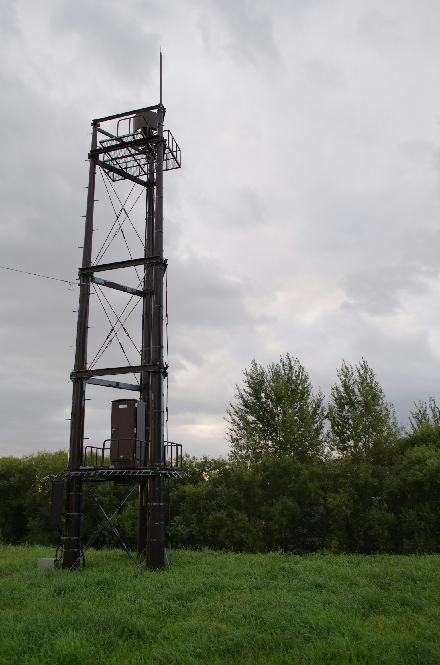 Torre metallica che si erge in un campo verde sotto un cielo nuvoloso