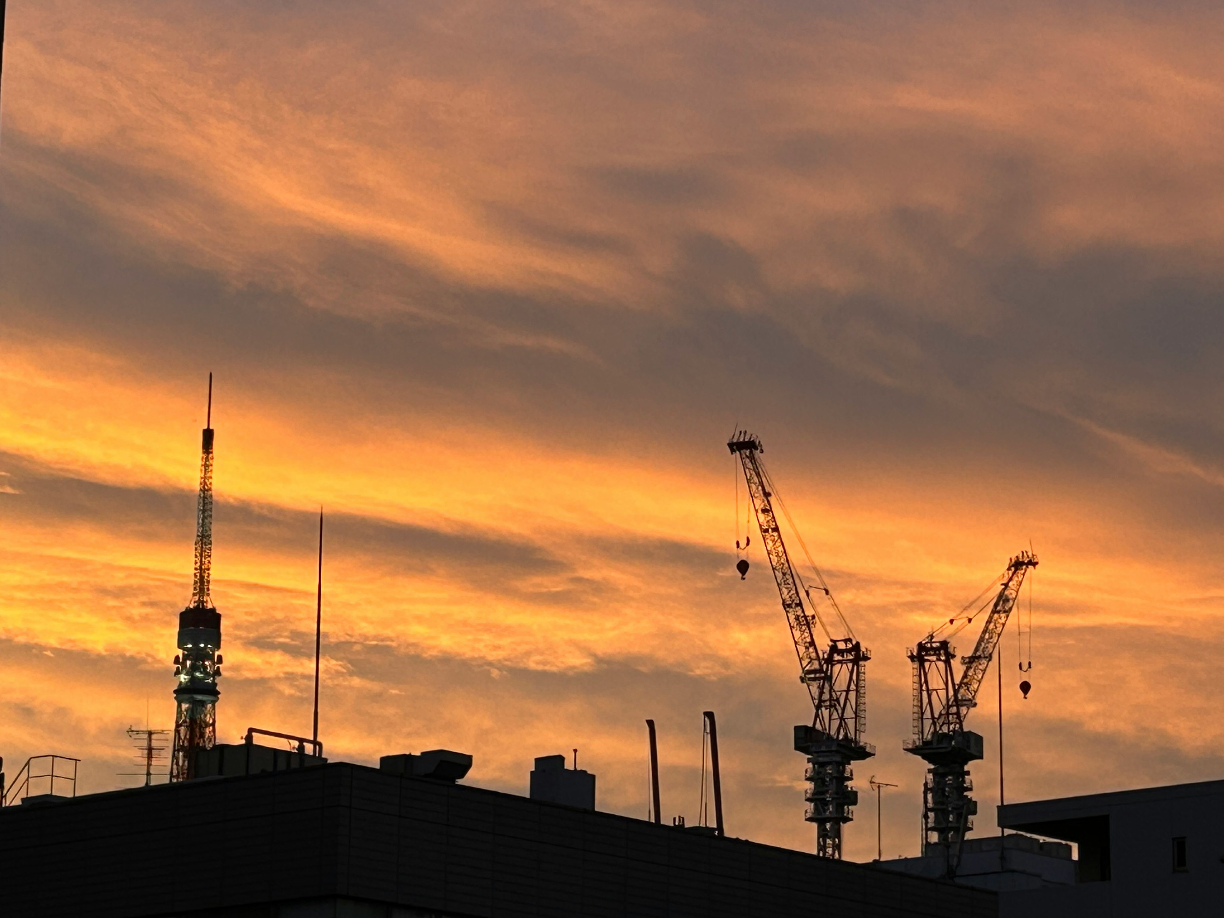 Tokyo Tower at dusk with cranes over the city skyline