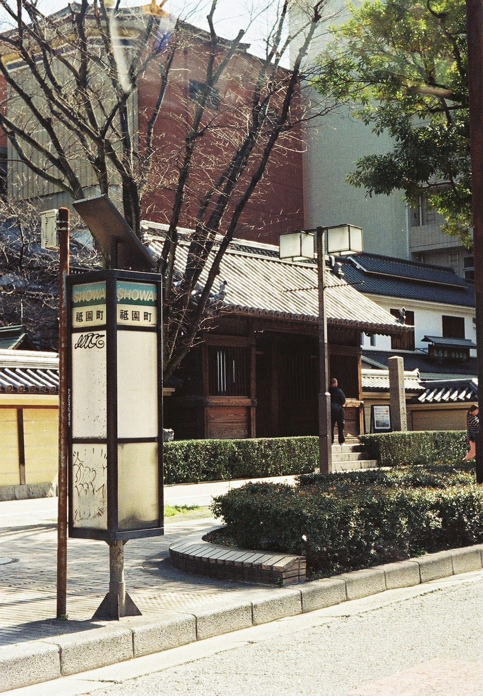 历史悠久的日本建筑与街道标志和树木