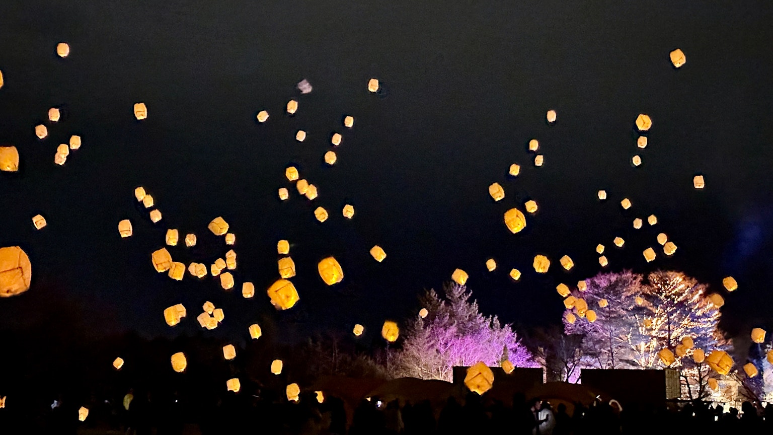 De nombreuses lanternes flottant dans le ciel nocturne avec des arbres lumineux en arrière-plan