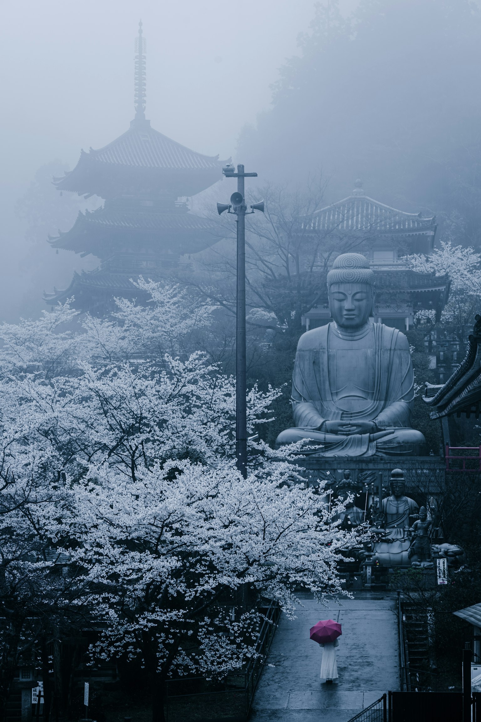 Eine ruhige Landschaft mit einer großen Buddha-Statue umgeben von Kirschblütenbäumen im Nebel