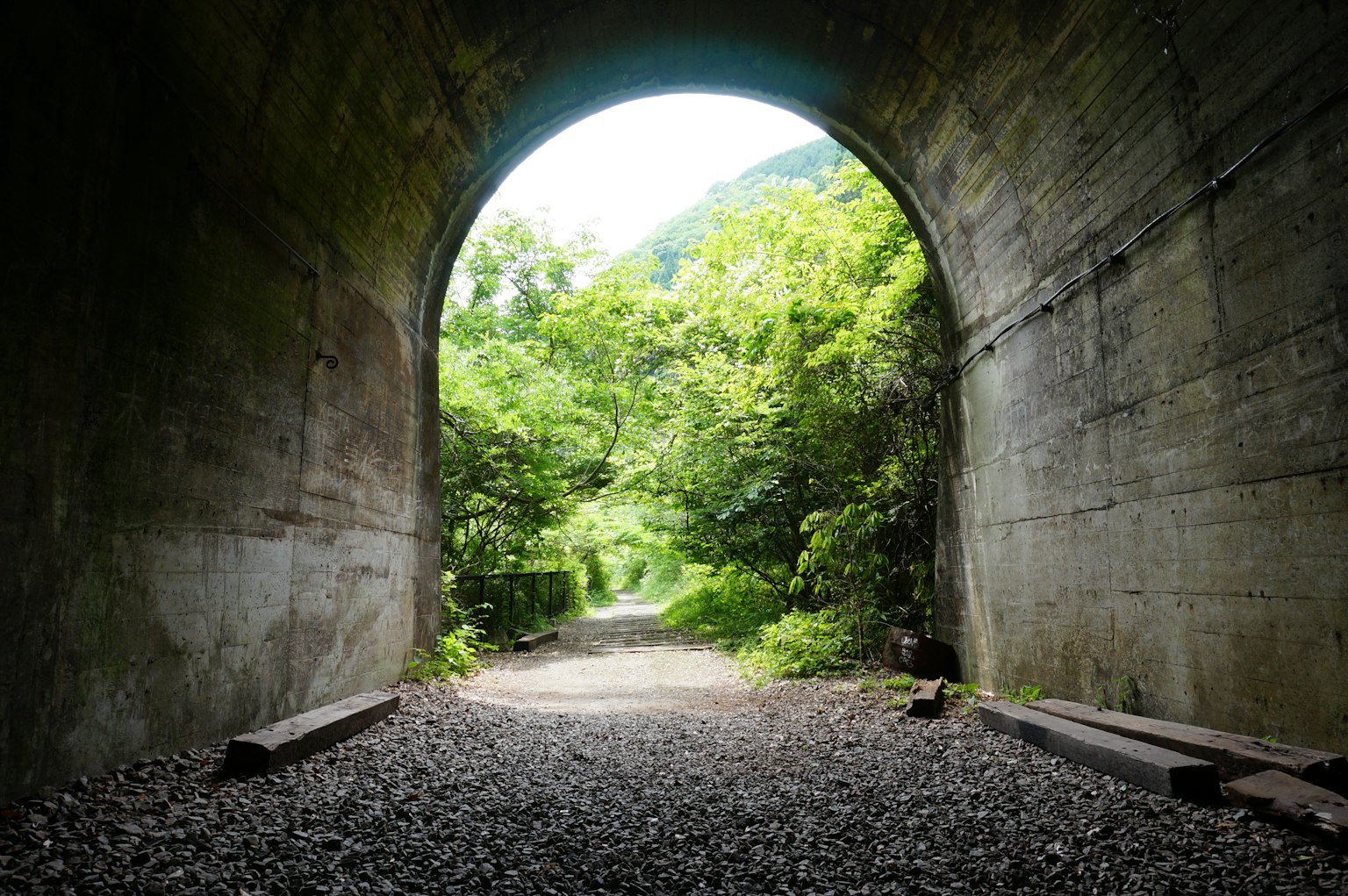 Vue à travers un tunnel révélant un paysage verdoyant