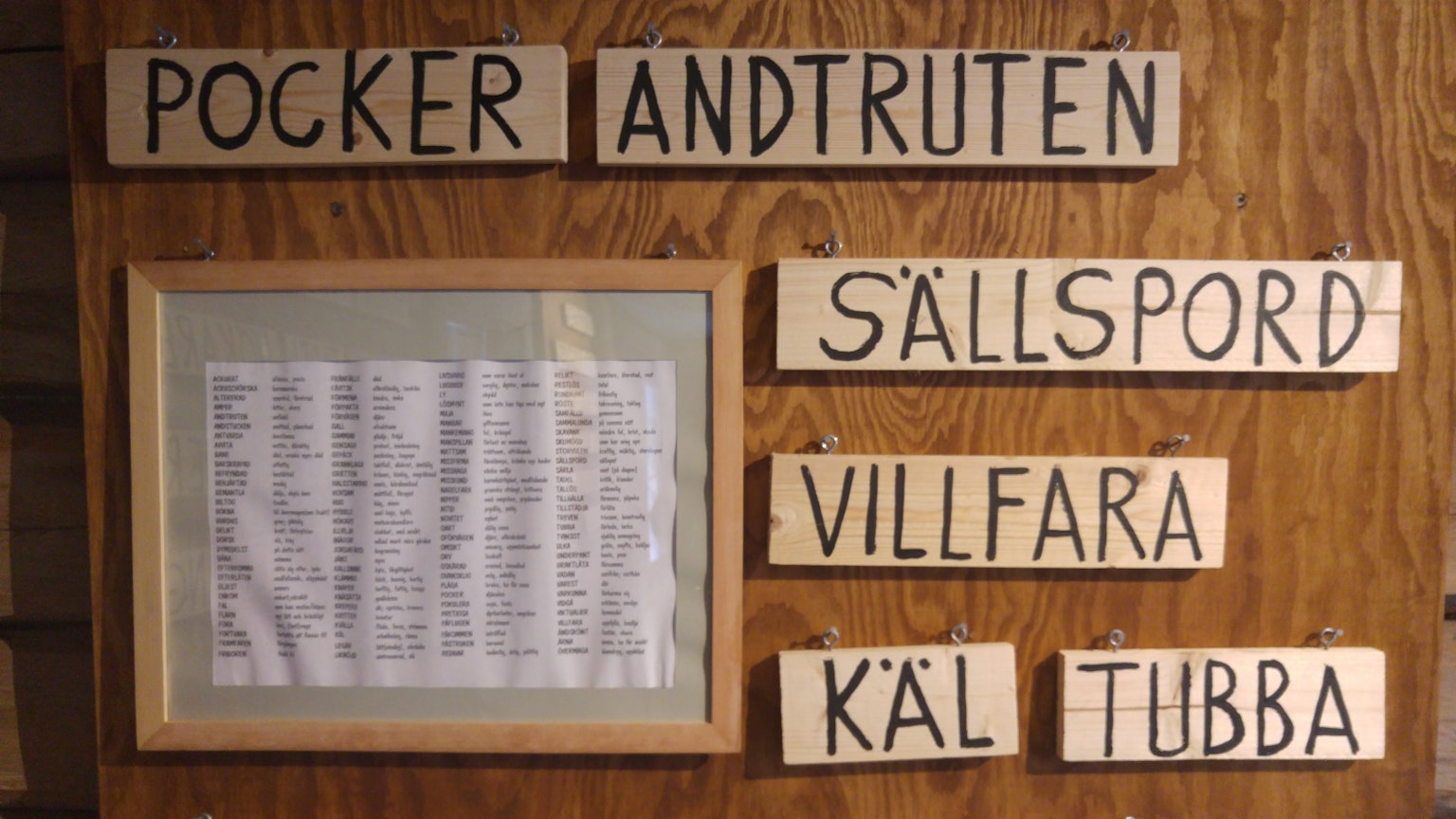 Holzschild mit Wörtern und einer gerahmten Liste