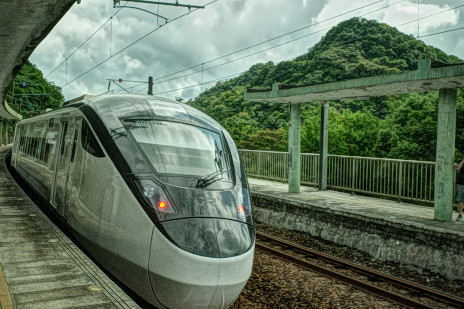 Treno moderno fermo in una stazione con sfondo montano