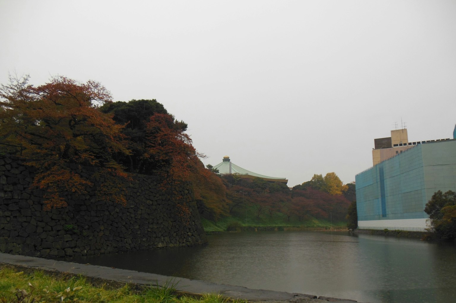 Vue panoramique d'un étang avec feuillage d'automne sous un ciel nuageux