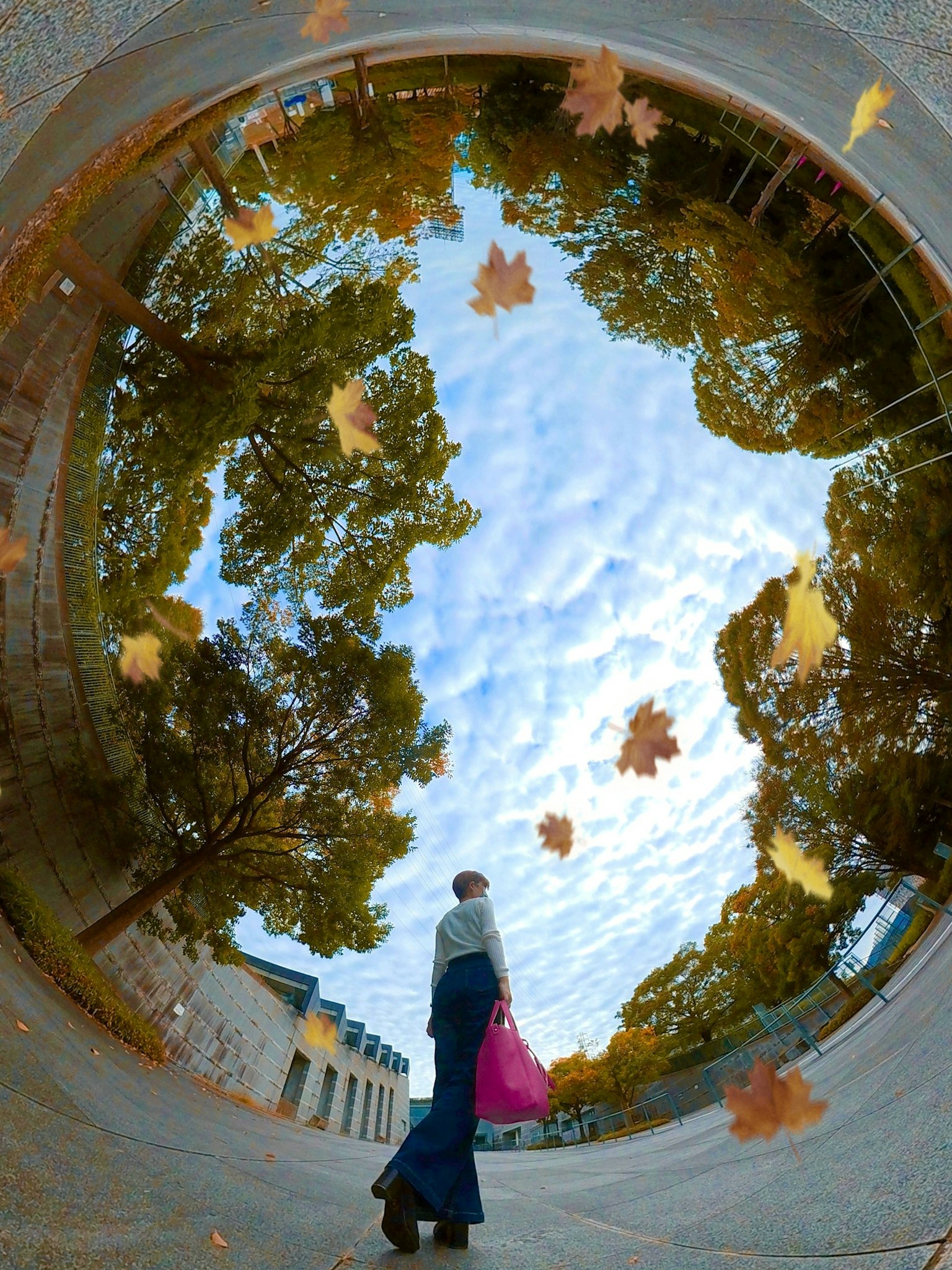 Woman looking up at the sky surrounded by autumn leaves