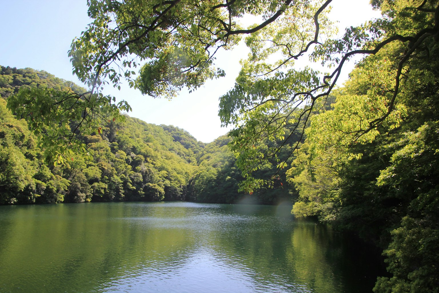 Lago sereno rodeado de colinas verdes