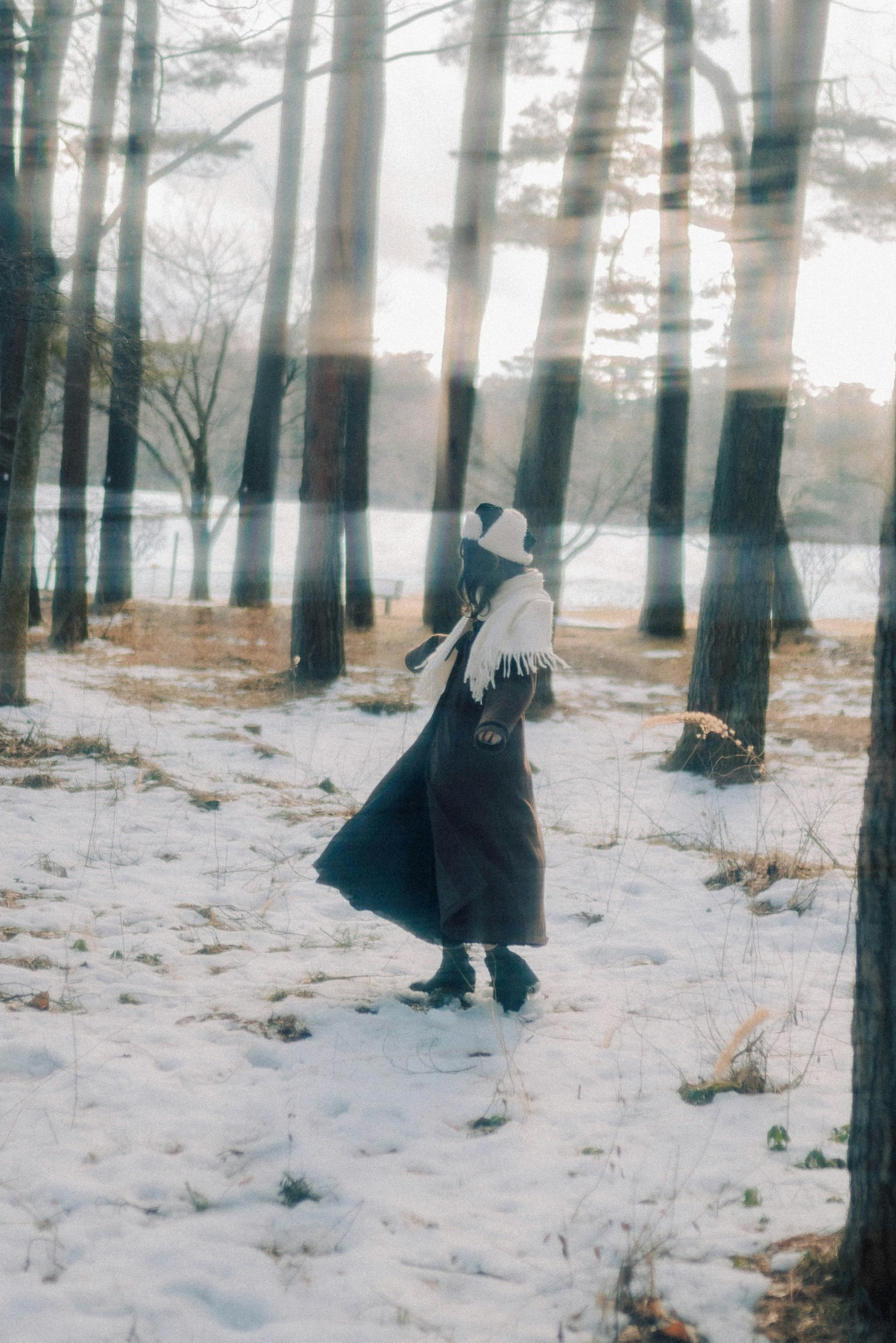 Silhouette di una donna che danza in una foresta innevata