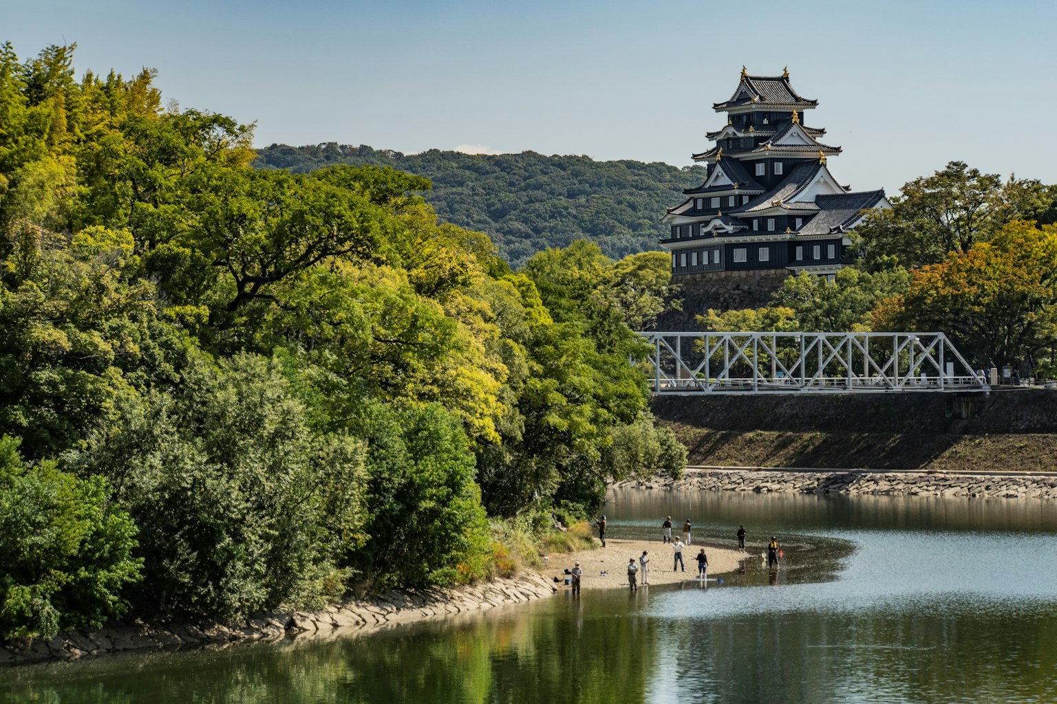A black castle surrounded by lush greenery and a serene river