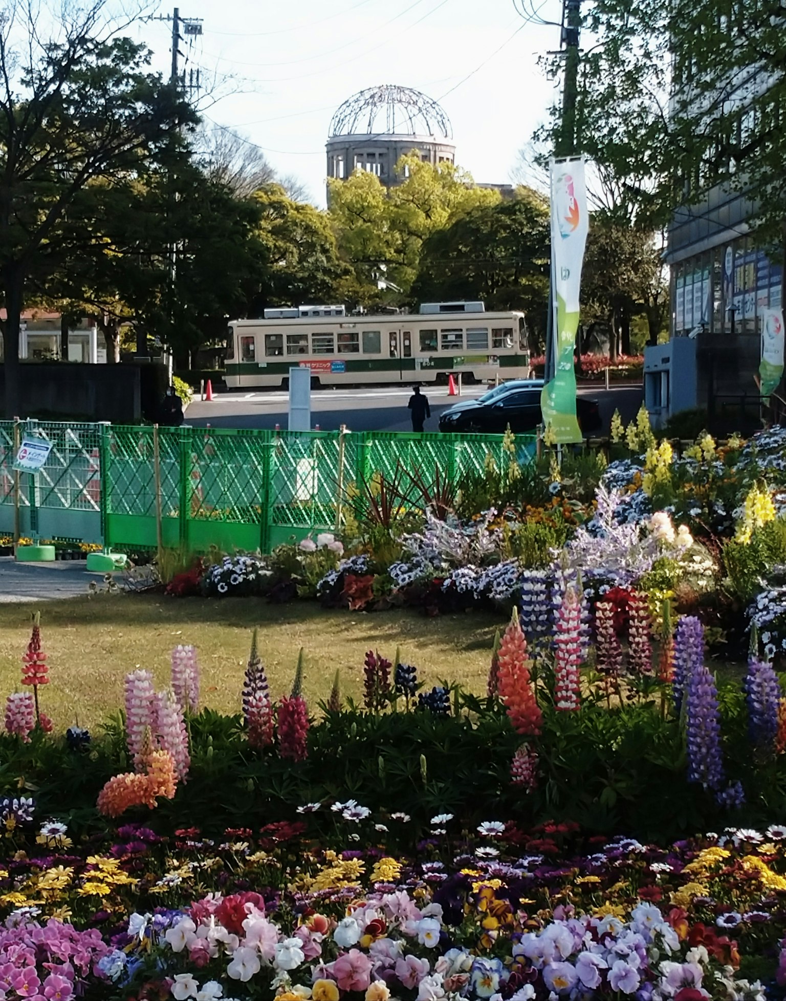 一幅公园场景，五彩缤纷的花朵盛开，背景是广岛和平纪念馆