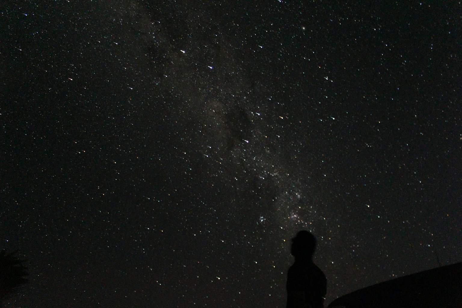 Silhouette seseorang di bawah langit berbintang dengan Galaksi Bima Sakti terlihat