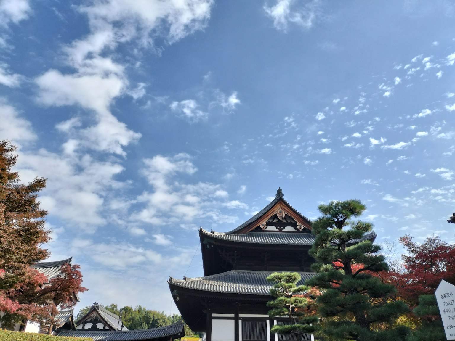 Edificio japonés tradicional bajo un cielo azul con follaje de otoño
