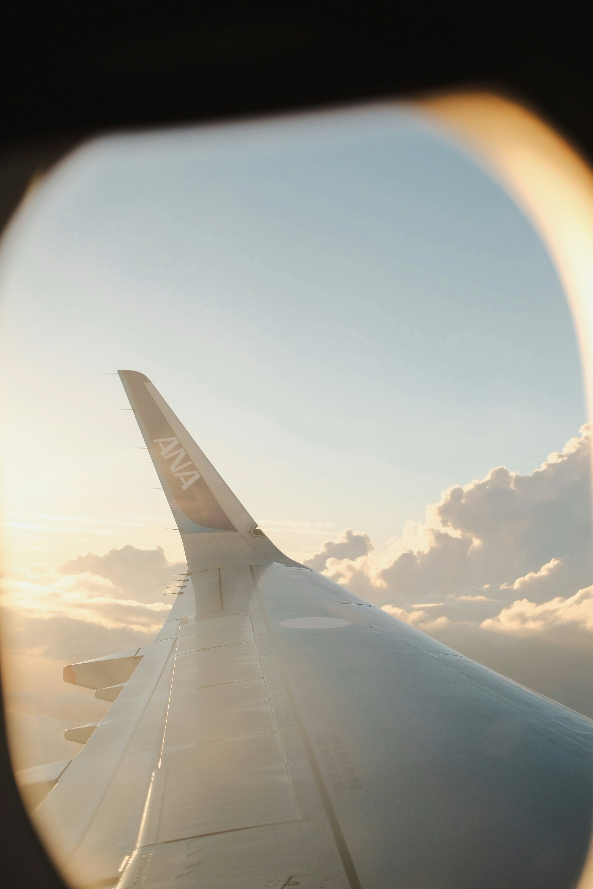夕陽下透過機窗看到的飛機機翼