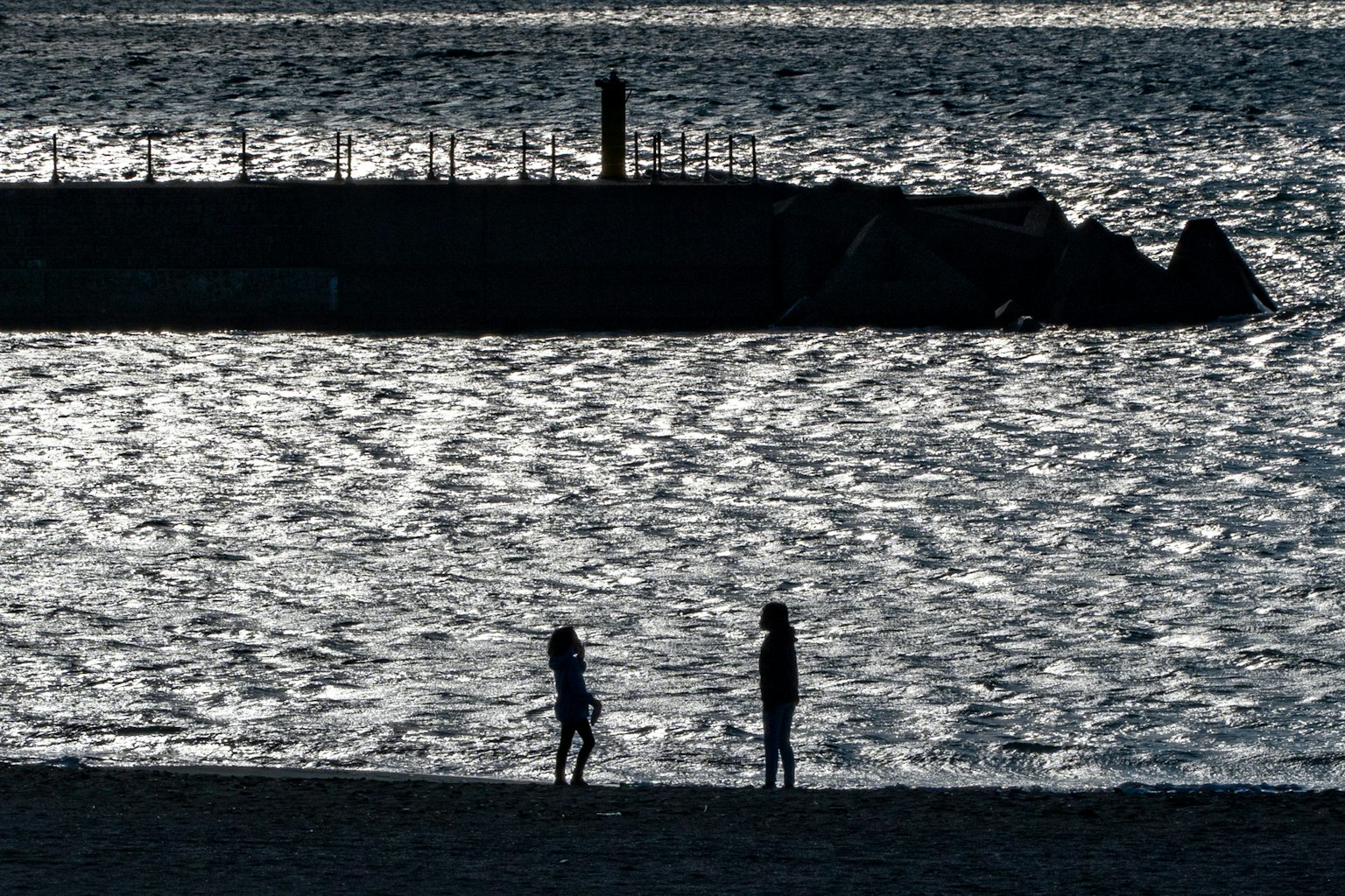 Silhouettes of two people playing on the beach with shimmering water