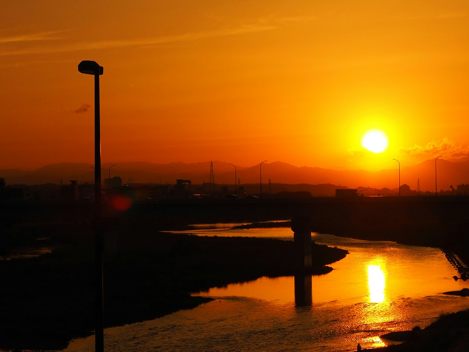 美麗的夕陽在河面上倒影