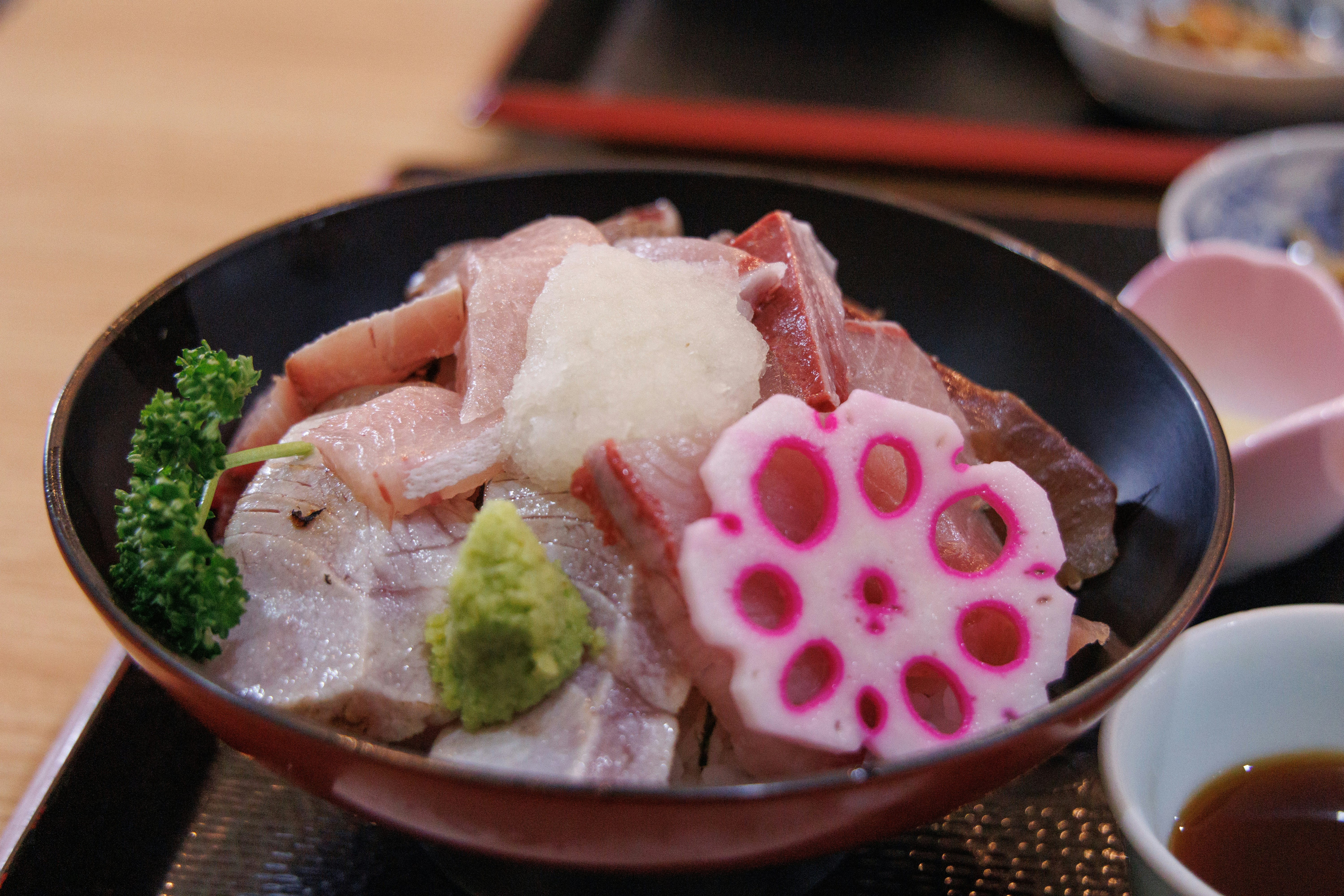 Winter Himi buri donburi sashimi bowl with condiments