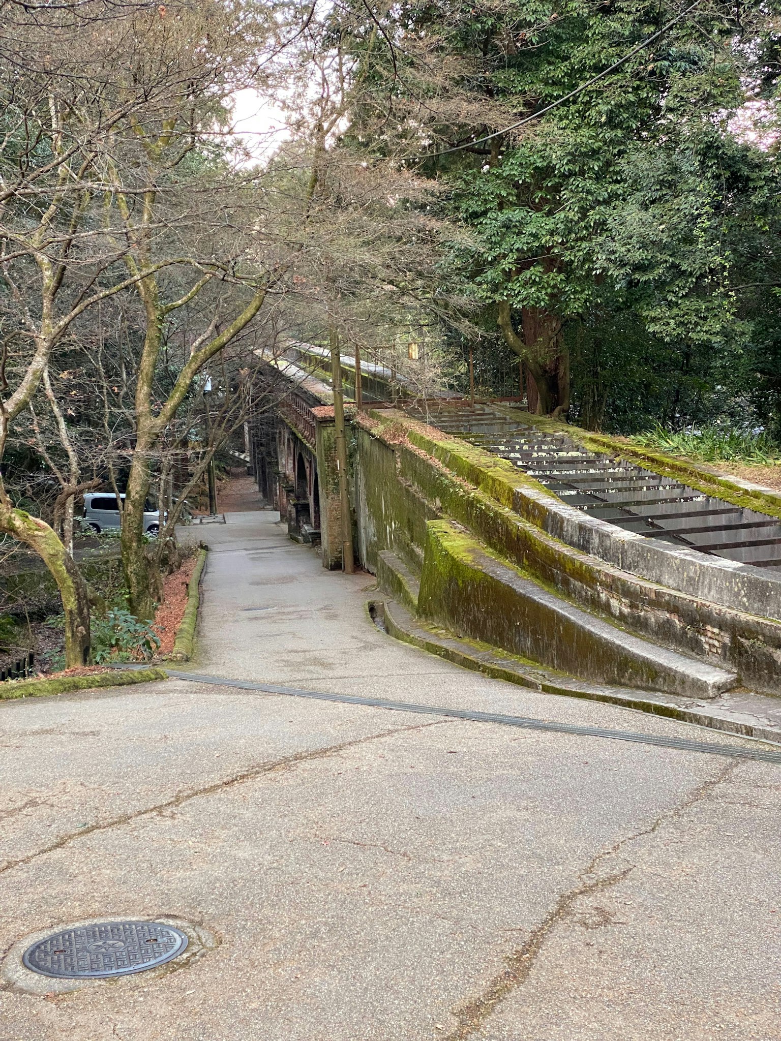 Vista escénica de un viejo puente rodeado de vegetación con un camino de piedra y concreto