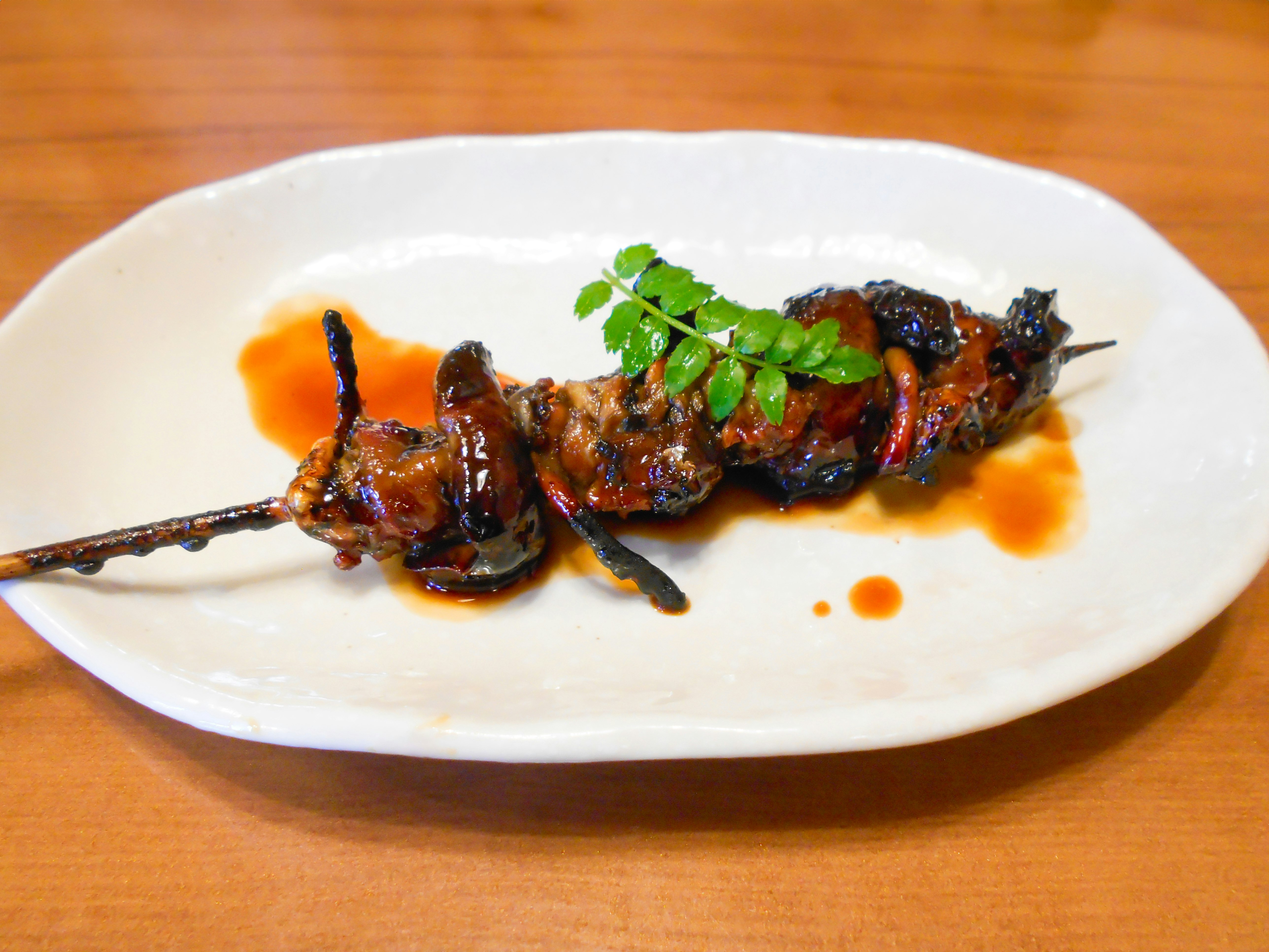 grilled yakitori skewer on a plate with sauce and chopped parsley