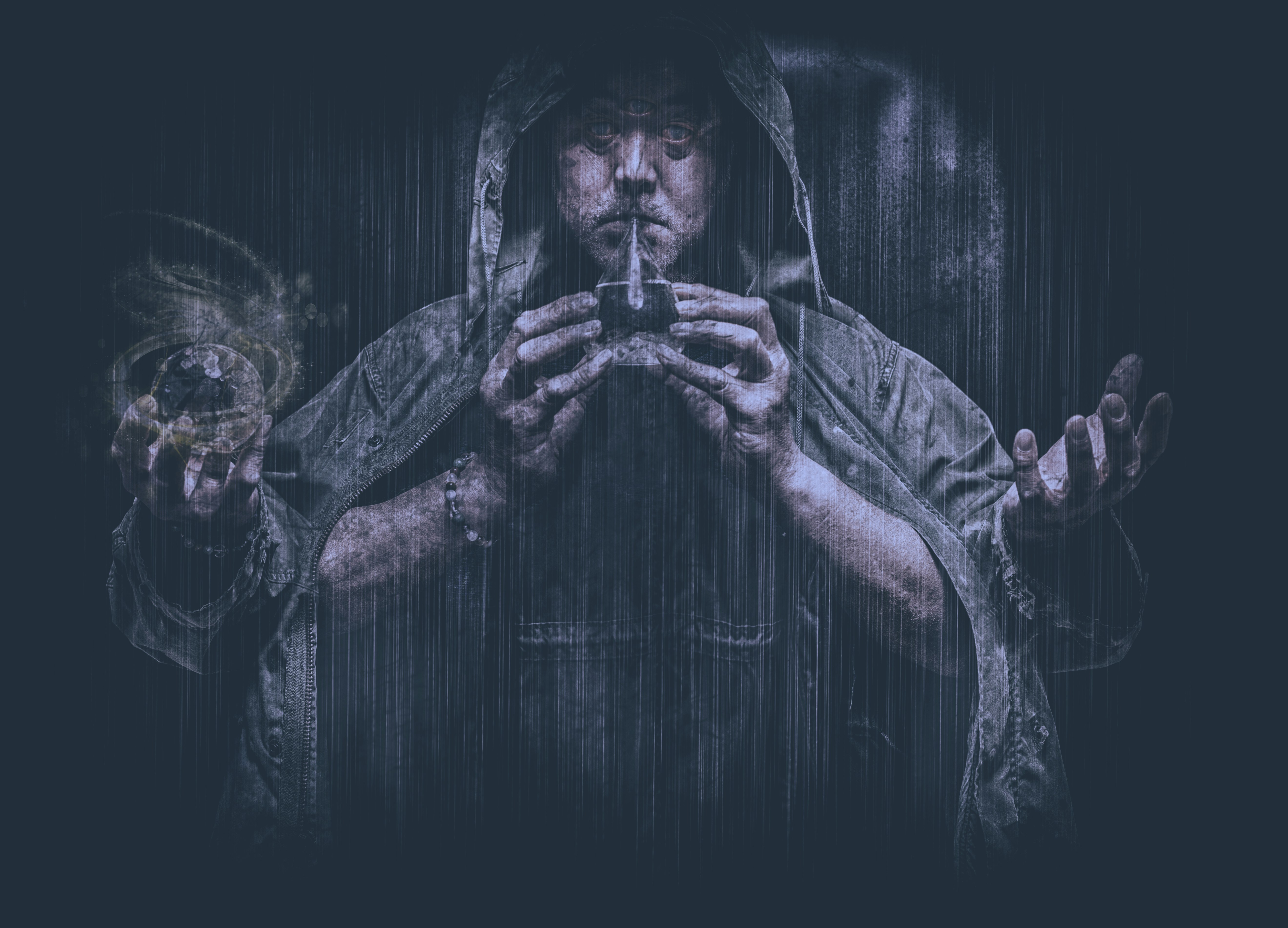 Composite portrait of a hooded figure in a rainy alley