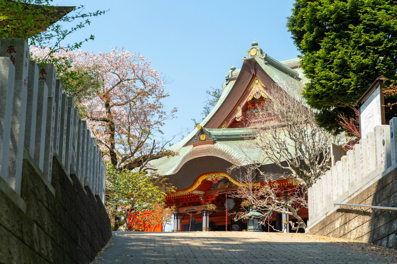 Pemandangan indah sebuah kuil dengan pohon sakura