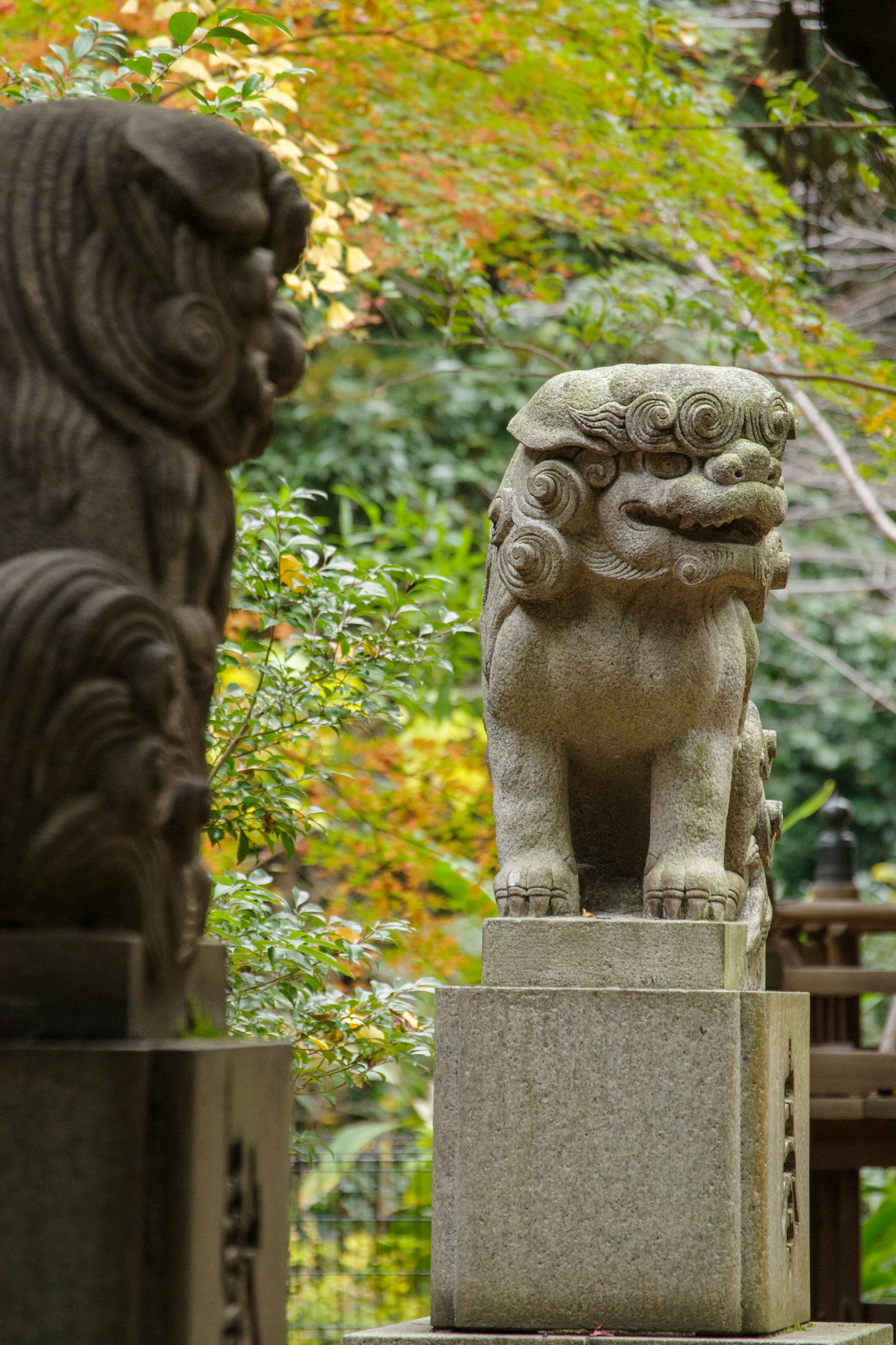 Stone lion-dog statues at a shrine surrounded by colorful autumn leaves