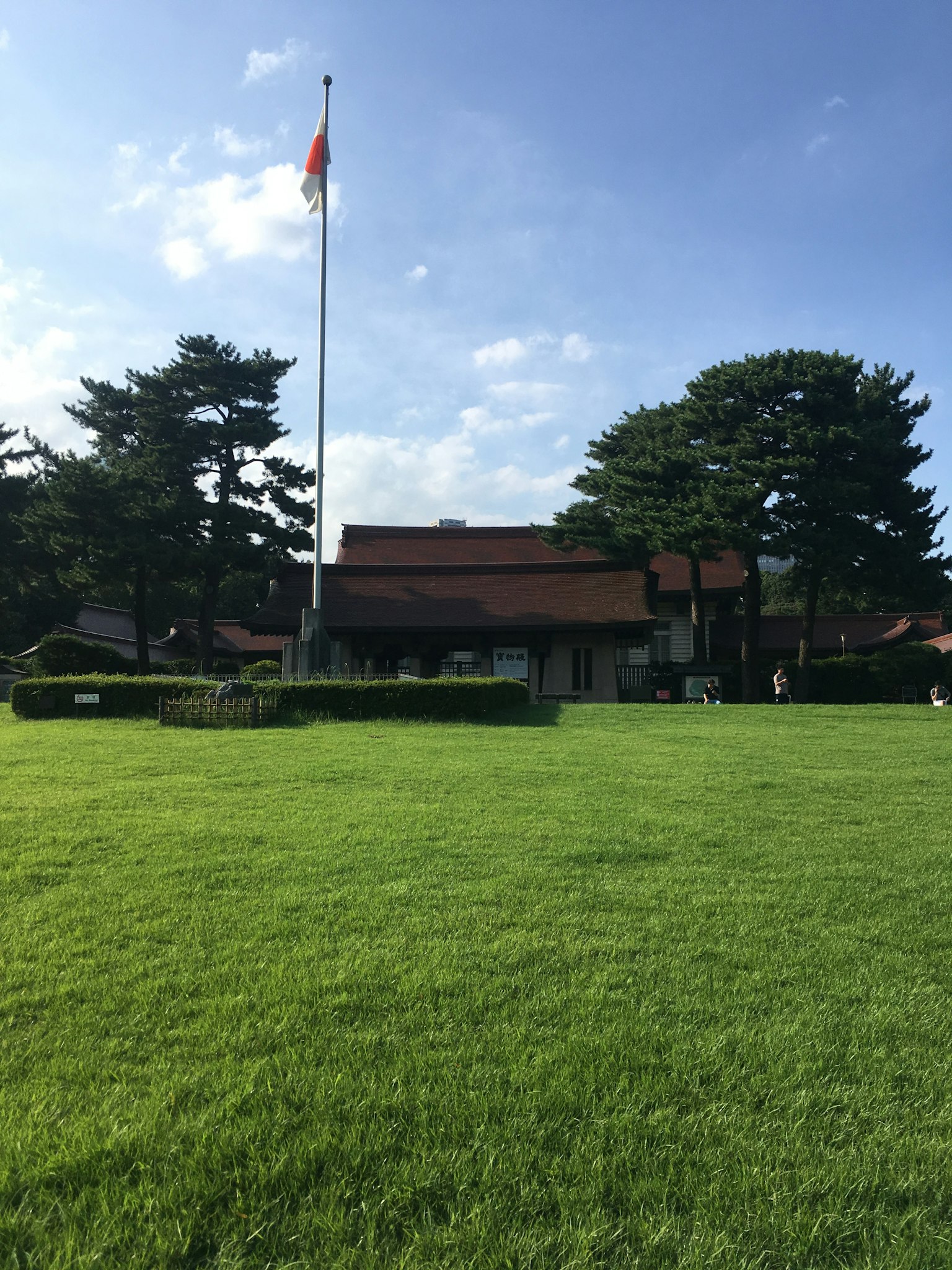 Image of a green lawn with a building and a flagpole under a blue sky