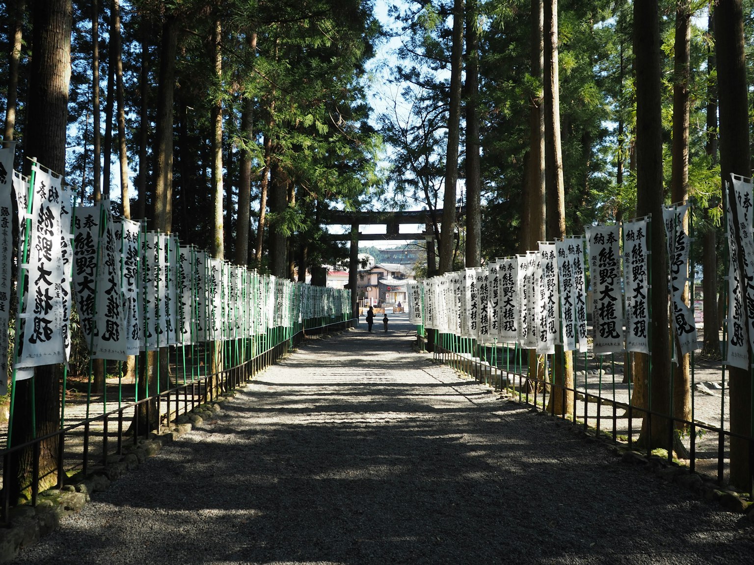 Pathway in a forest with a torii gate and white banners